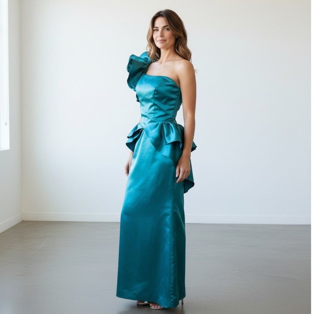 Vintage 80s Eve of‎ Milady Teal Satin One Shoulder Ruffle Peplum Gown Dress
